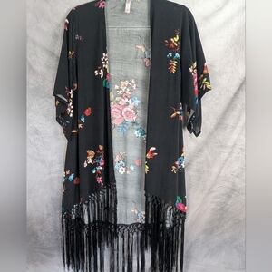 Xhilaration XS Kimono With Fringe Black With Floral Pattern